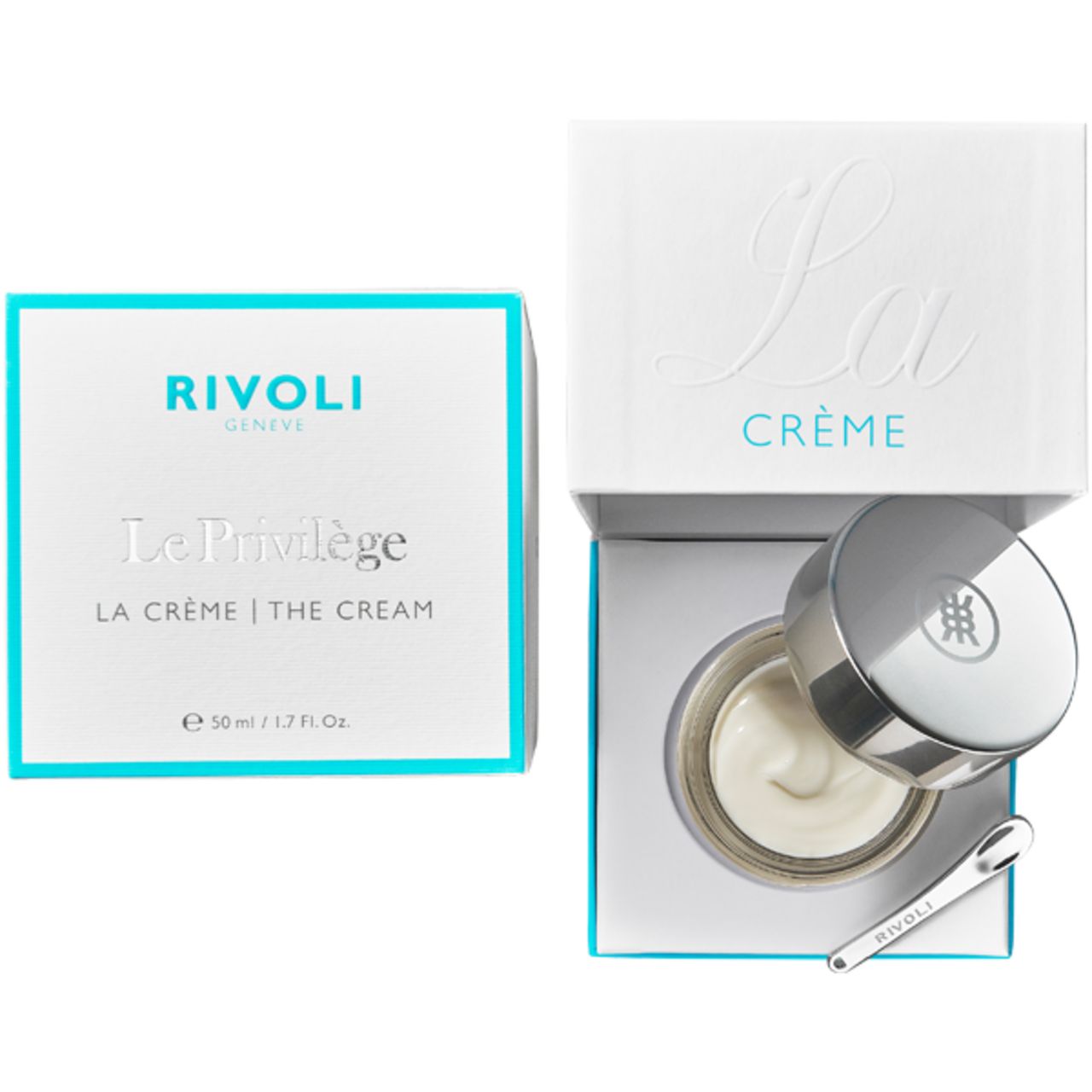 Verpackung und Tiegel mit Creme. Aufschrift: Rivoli Genève, Le Privilège La Crème The Cream. Mit Spatel.