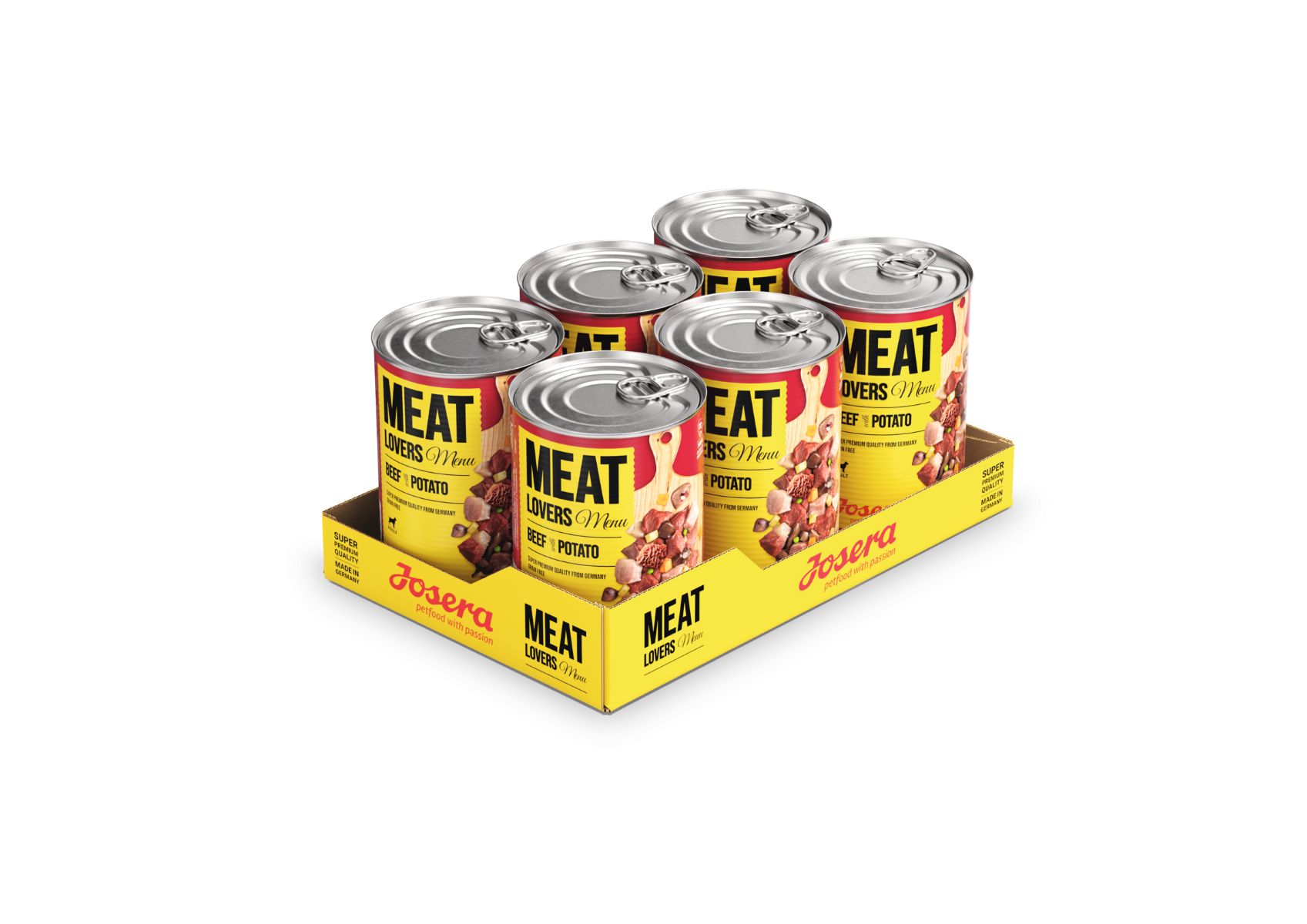 Sechs Dosen JOSERA Meat Lovers Menu Beef mit Kartoffeln in gelber Verpackung. Deckel mit Lasche. Aufschrift Meat Lovers.