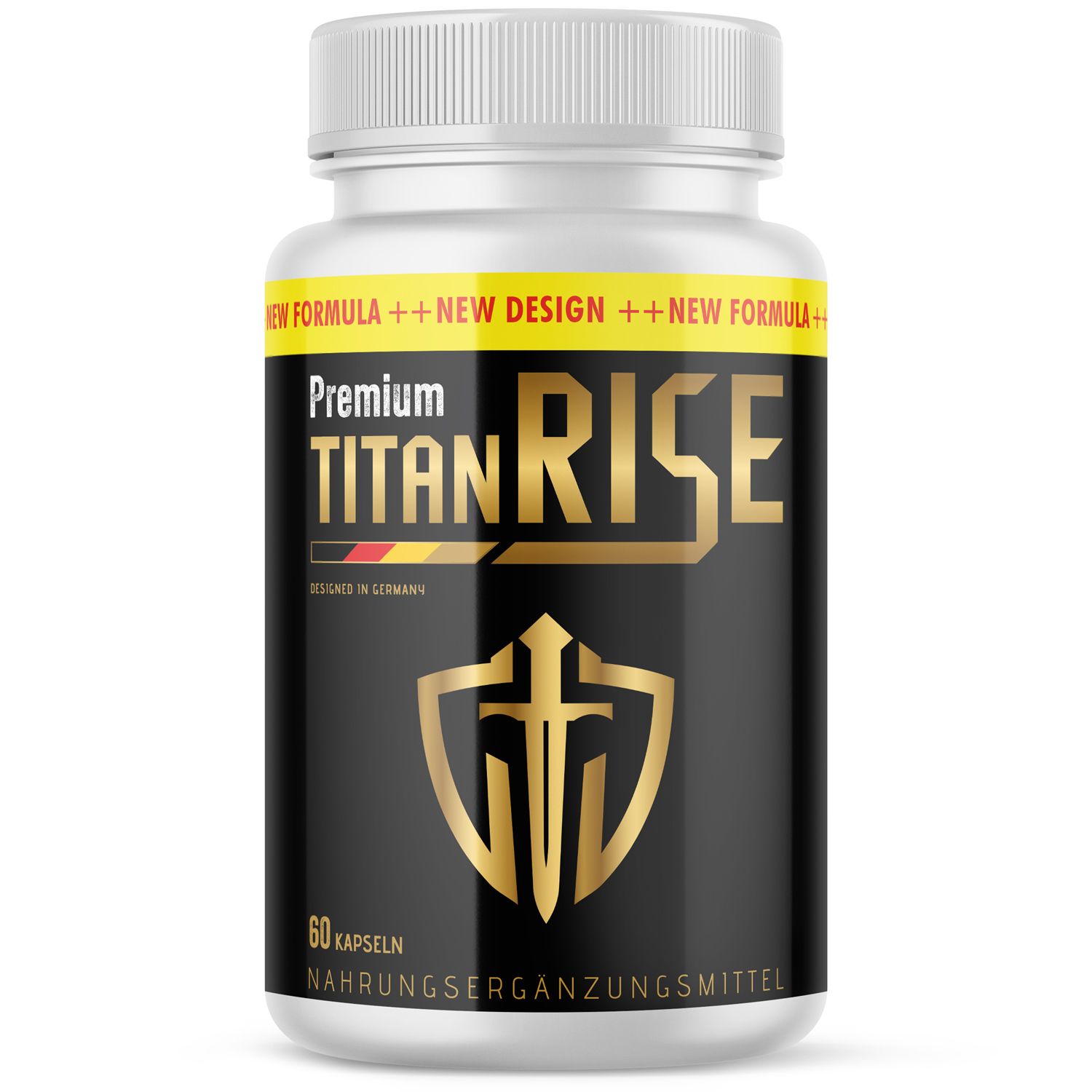 Weiße Flasche mit gelb-schwarzem Etikett. Aufschrift: Premium Titan Rise, 60 Kapseln. Nahrungsergänzungsmittel. Goldfarbenes Schild mit Schwert.