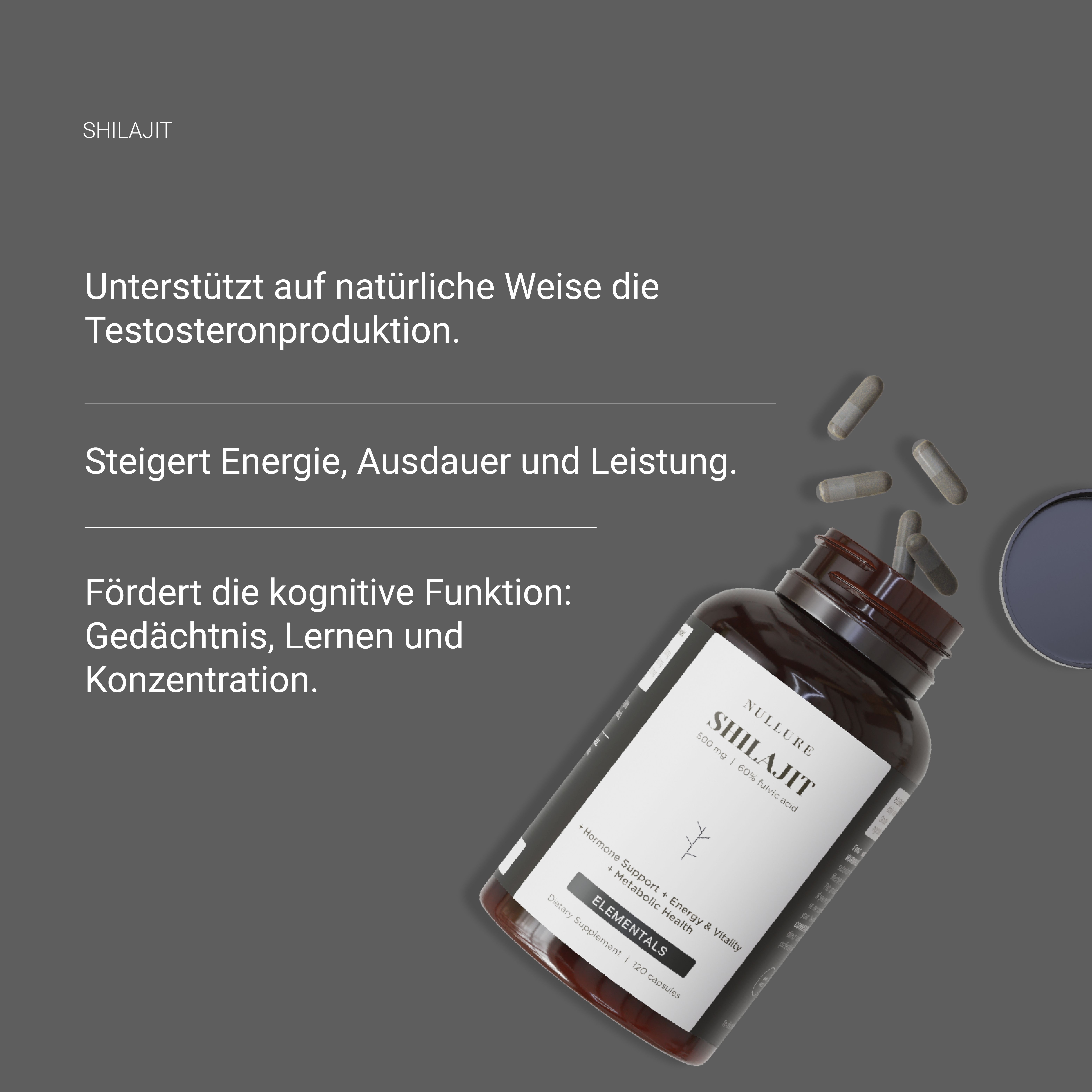Braune Flasche mit Kapseln. Text: Shilajit, unterstützt Testosteronproduktion, steigert Energie, fördert kognitive Funktion.