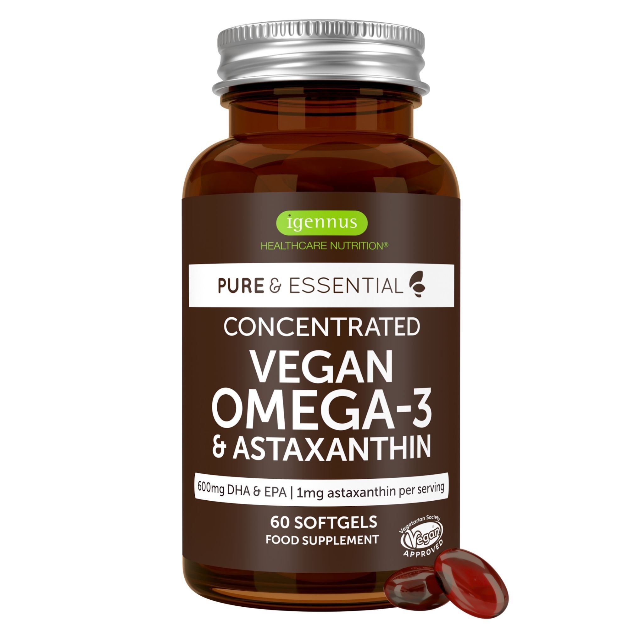 Igennus Omega-3 Vegan Algenöl & Astaxanthin, DHA EPA Fettsäuren, pflanzlich aus Mikroalgen 60 Pc Weichkapseln