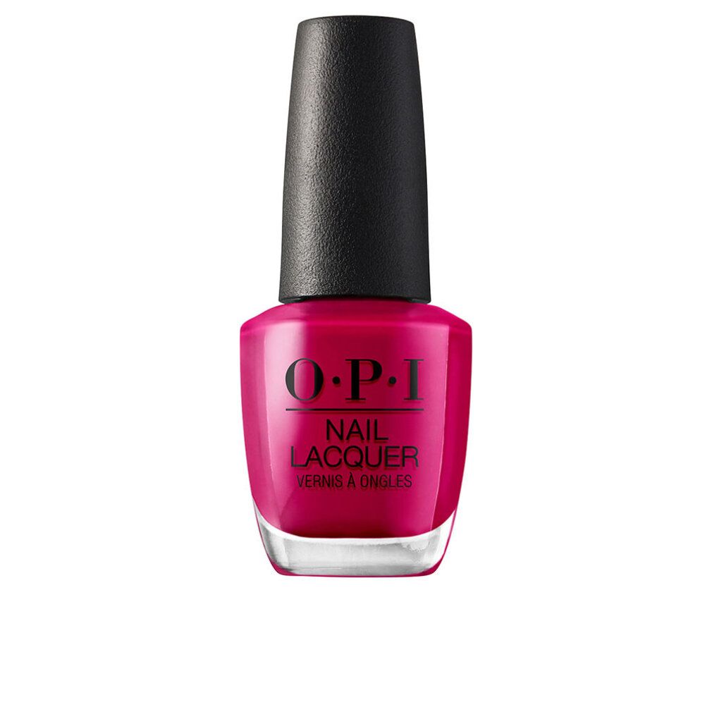 Nagellackflasche mit rosa Inhalt und schwarzem Deckel. OPI Nail Lacquer ist auf dem Etikett zu sehen.