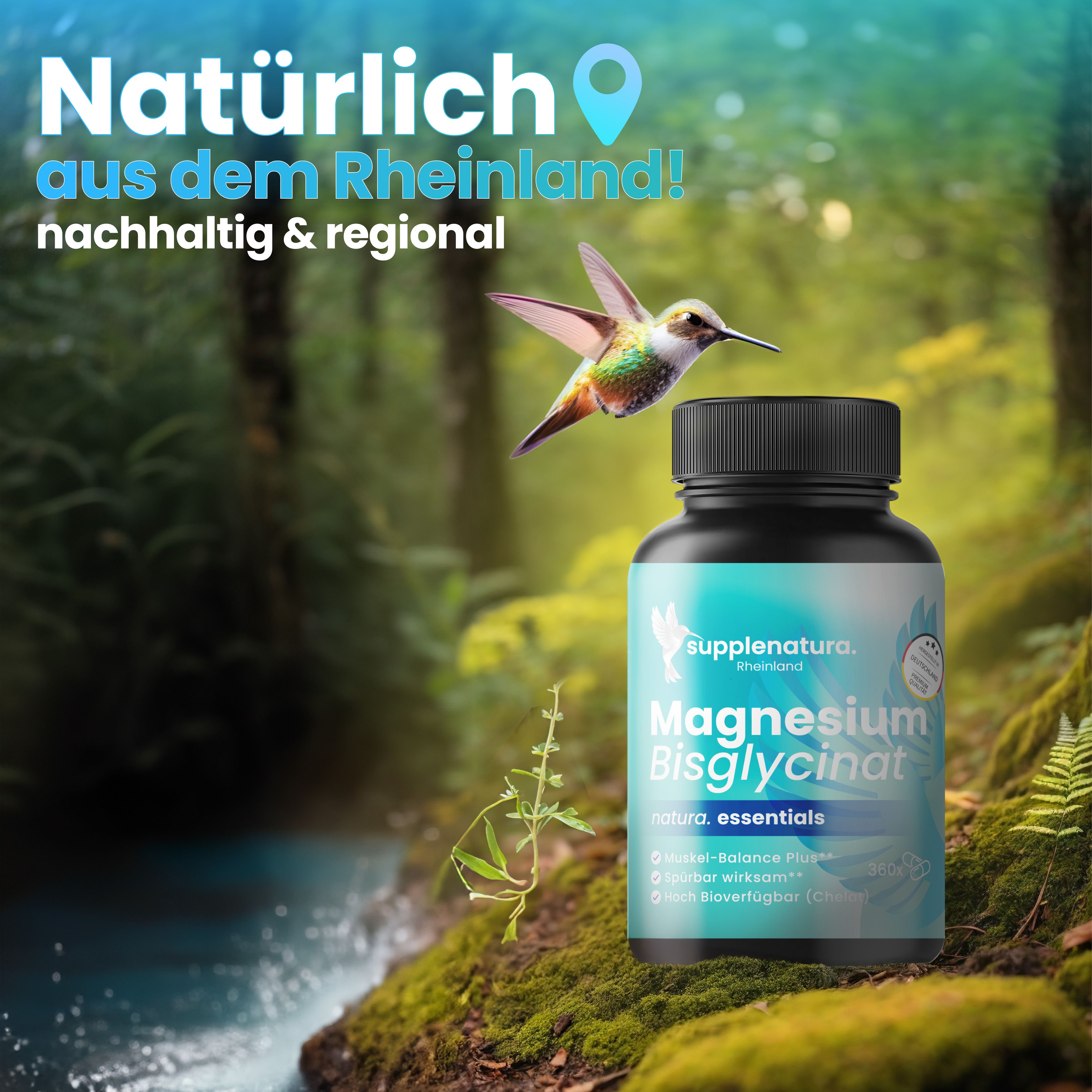 Flasche mit Kapseln in Naturlandschaft. Aufschrift: Magnesium Bisglycinat. Text: Nachhaltig & regional, aus dem Rheinland.