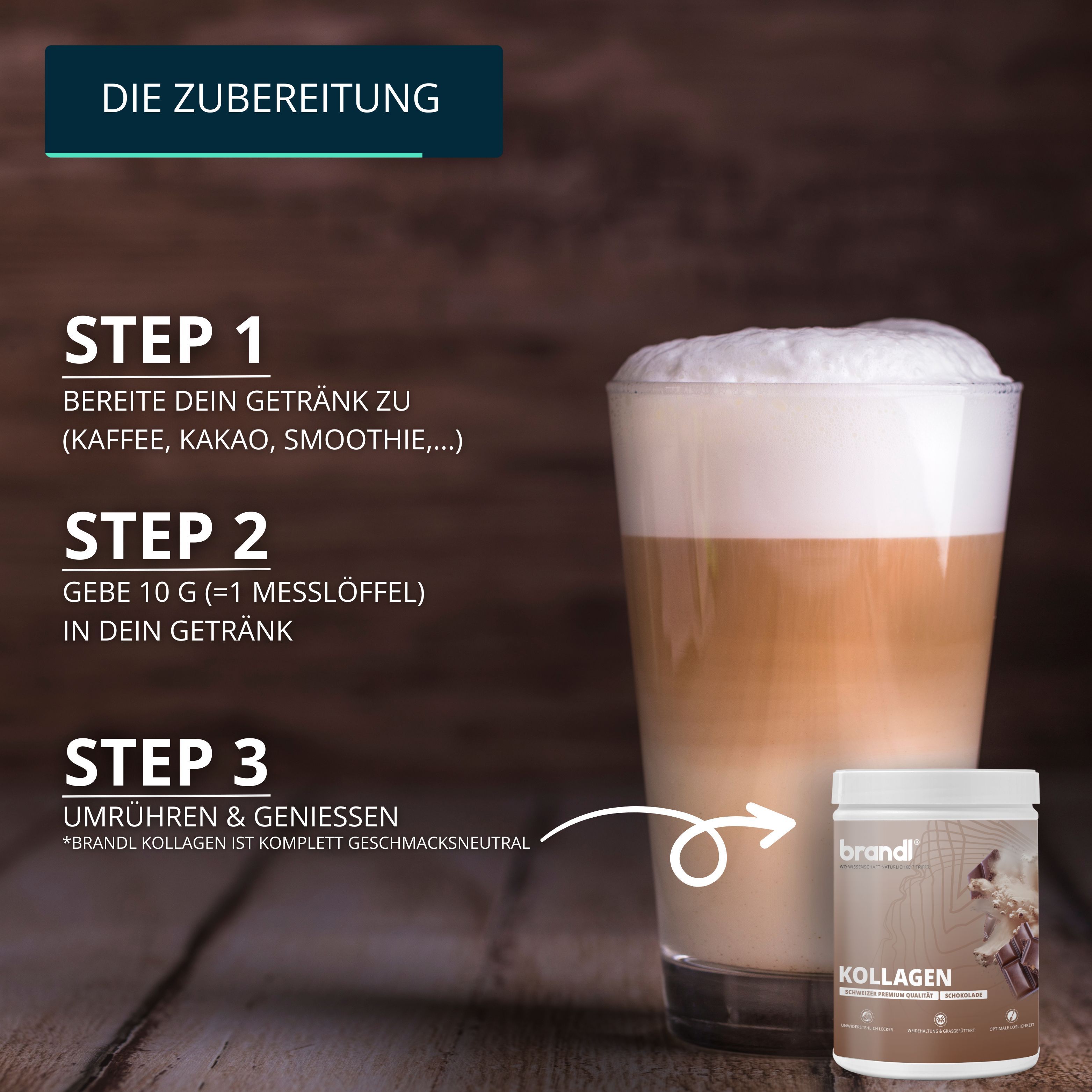 Produktglas neben Getränk mit Milchschaum. Text: Bereite dein Getränk zu. Gebe 10g in dein Getränk. Umrühren & genießen. Neutraler Geschmack.