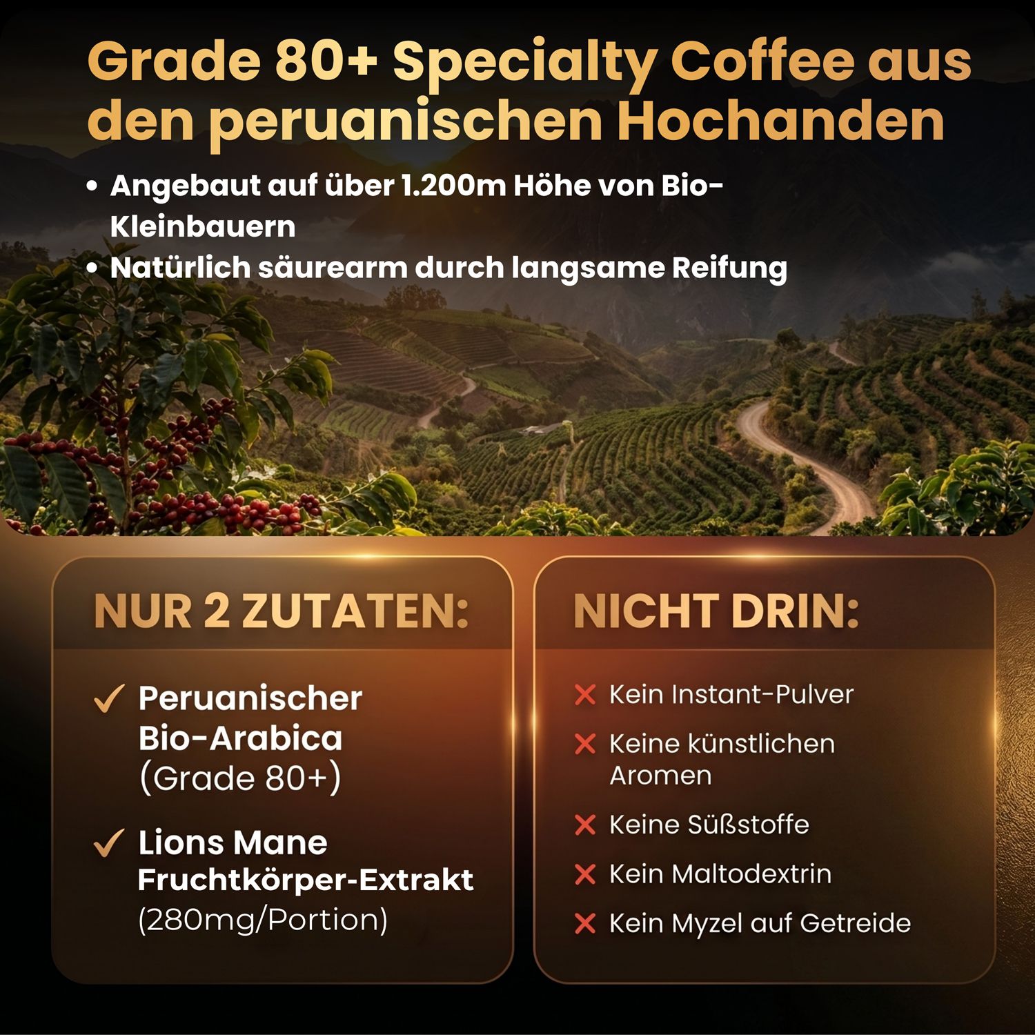 Zutatenliste: Peruanischer Bio-Arabica Kaffee und Lions Mane Extrakt. Nicht enthalten: Instant-Pulver, künstliche Aromen.