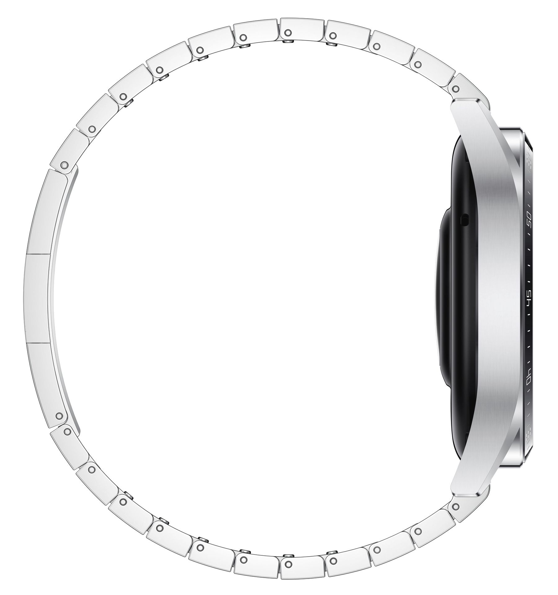 Seitenansicht einer silbernen Smartwatch mit Metallarmband. Runde Form, Edelstahlgehäuse.