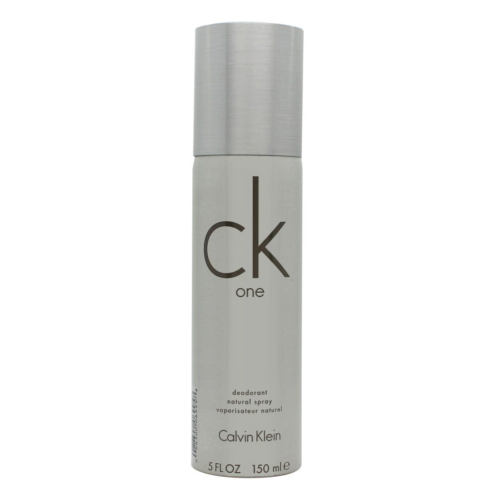 CK One Deodorant, silberne Sprühflasche mit schwarzem Logo. 150 ml.