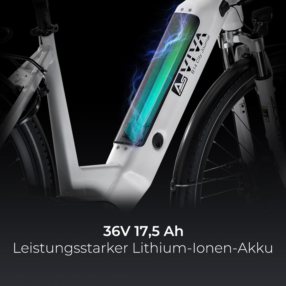 Detailansicht des Lithium-Ionen-Akkus (36V 17,5Ah) eines weißen E-Bikes.