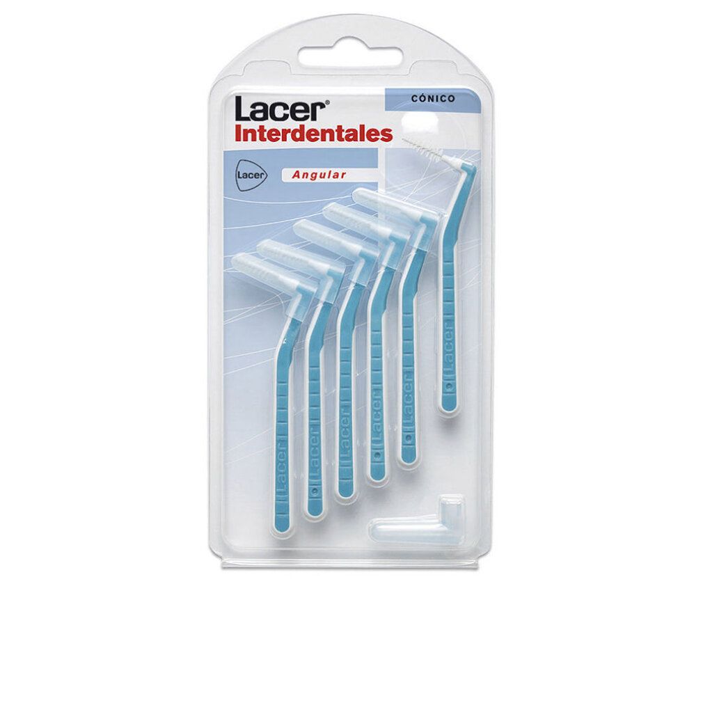 Zahnzwischenraumbürsten in Blisterverpackung. Blaue Griffe, weiße Borsten. Marke Lacer. Konische Form. Winkeldesign.