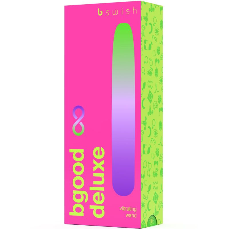 Verpackung mit Produktnamen und Markennamen. Grün-pinkes Design. Vibrator-Abbildung.