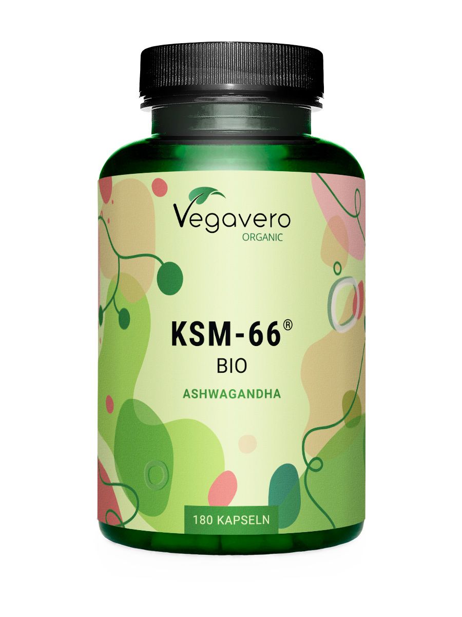 Grüne Flasche mit schwarzen Deckel. Aufschrift: Vegavaro Organic, KSM-66 BIO Ashwagandha, 180 Kapseln.