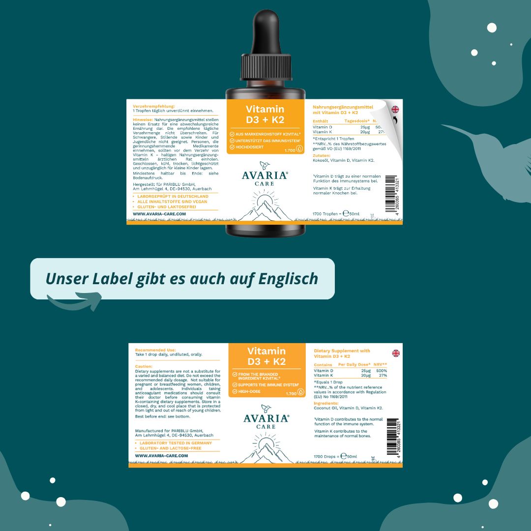 Braune Glasflasche mit Tropfer. Aufschrift: Vitamin D3 + K2. Logo: AVARIA CARE®. Etikett auf Deutsch und Englisch. Hintergrund mit Vogel.