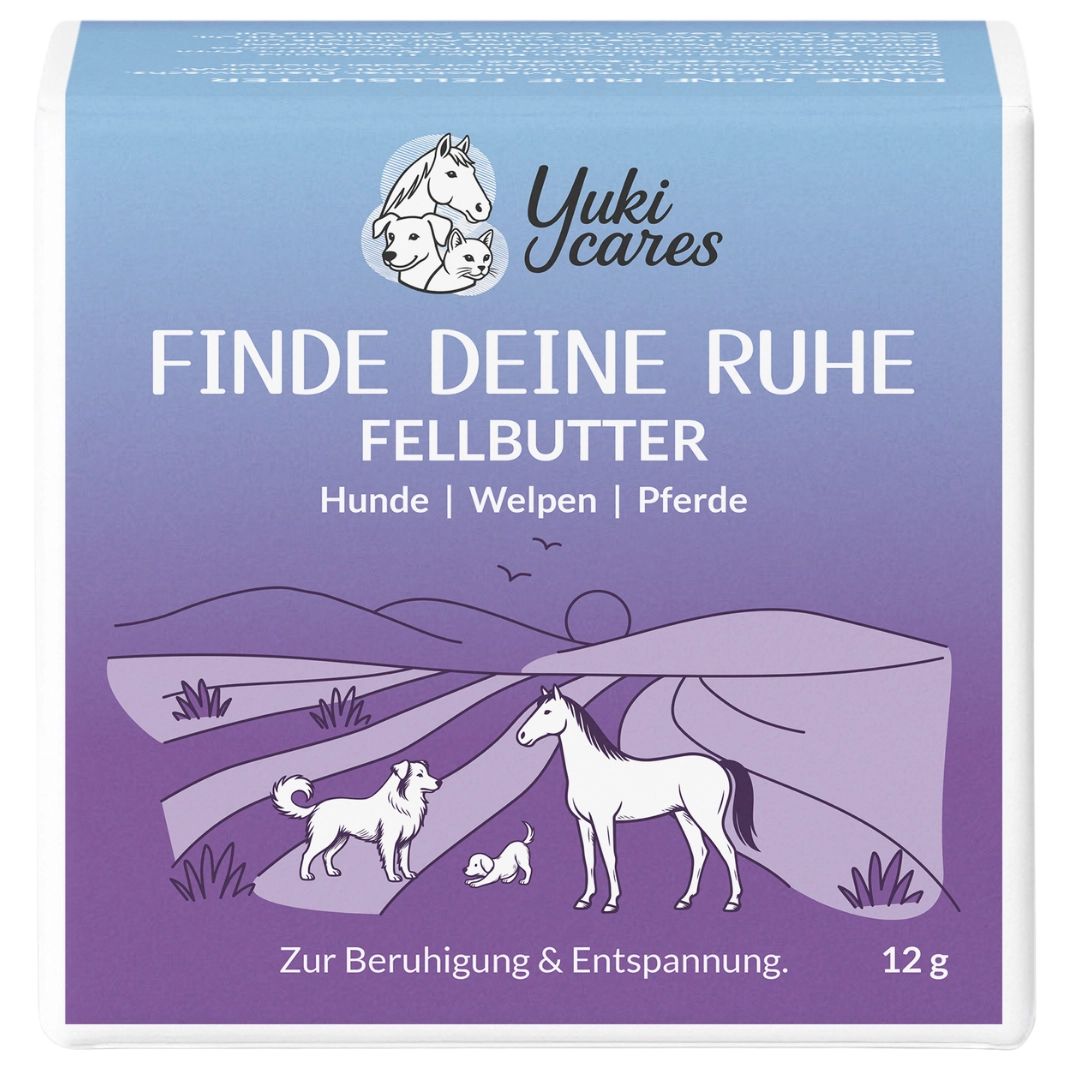 Quadratische Verpackung mit Produktnamen und Logo. Text: Finde deine Ruhe Fellbutter. Illustrationen von Hund, Welpe und Pferd. 12g.