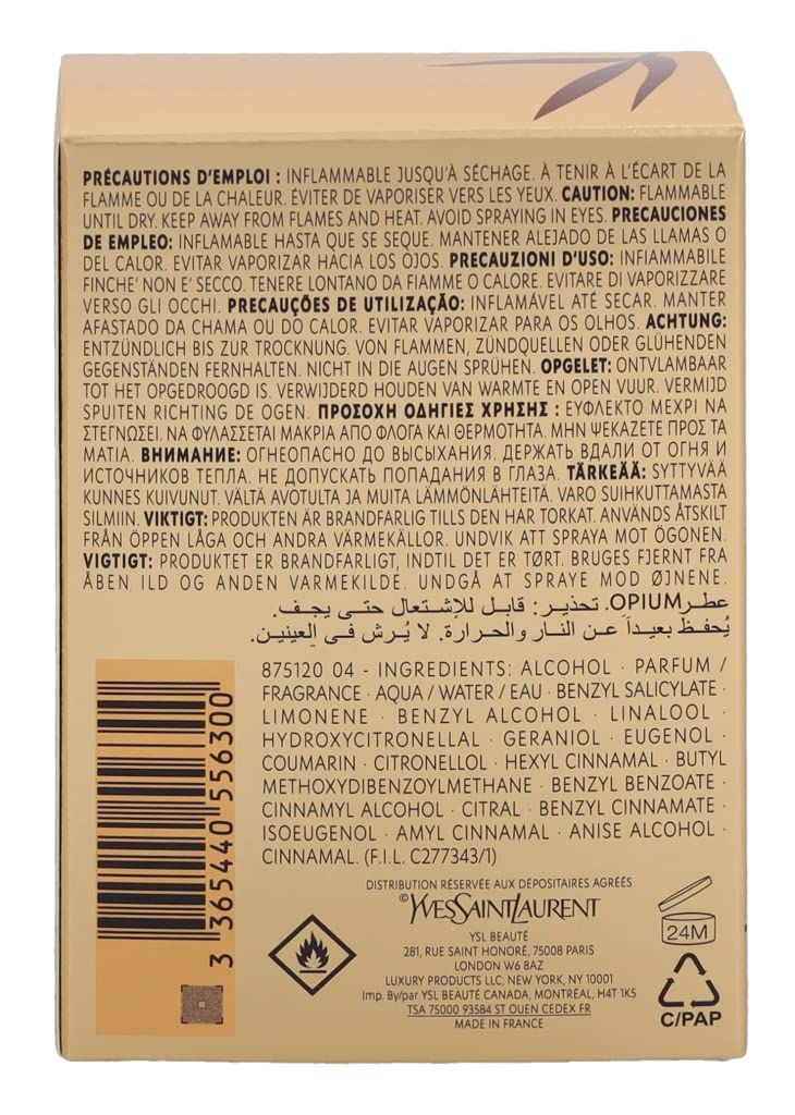 Rückseite der Verpackung mit Warnhinweisen und Inhaltsstoffen. Marke: Yves Saint Laurent. Enthält Informationen in mehreren Sprachen.