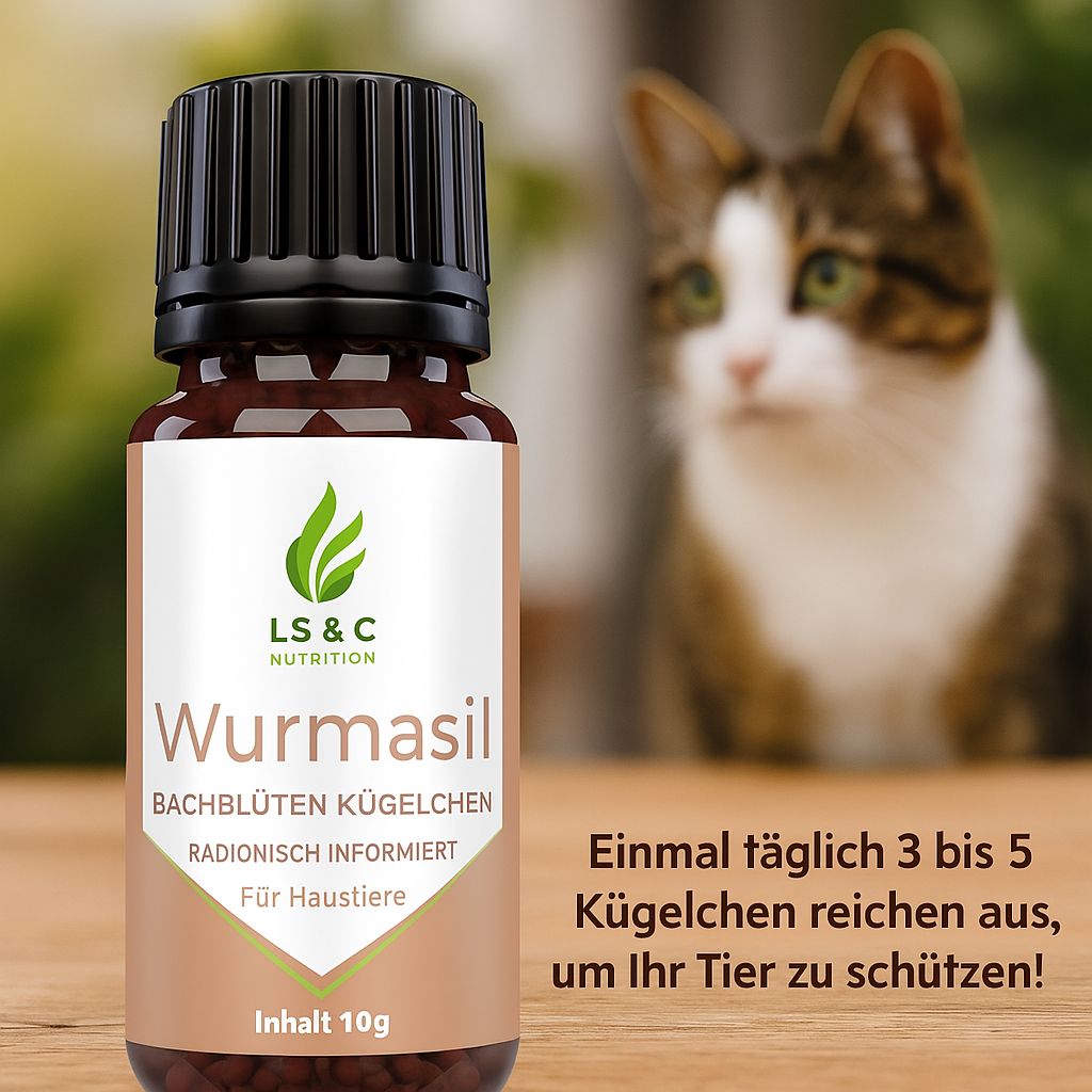 Braune Glasflasche mit schwarzem Deckel, Katze im Hintergrund. Etikett mit Produktnamen und Logo. Text: 3-5 Kügelchen.