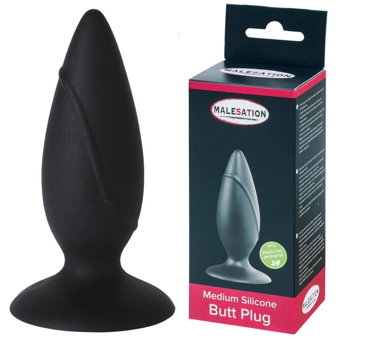 Schwarzer Silikon-Butt Plug neben Verpackung. Verpackung mit Produktabbildung und Schriftzug MALESATION. Aufschrift: Medium Silicone Butt Plug.