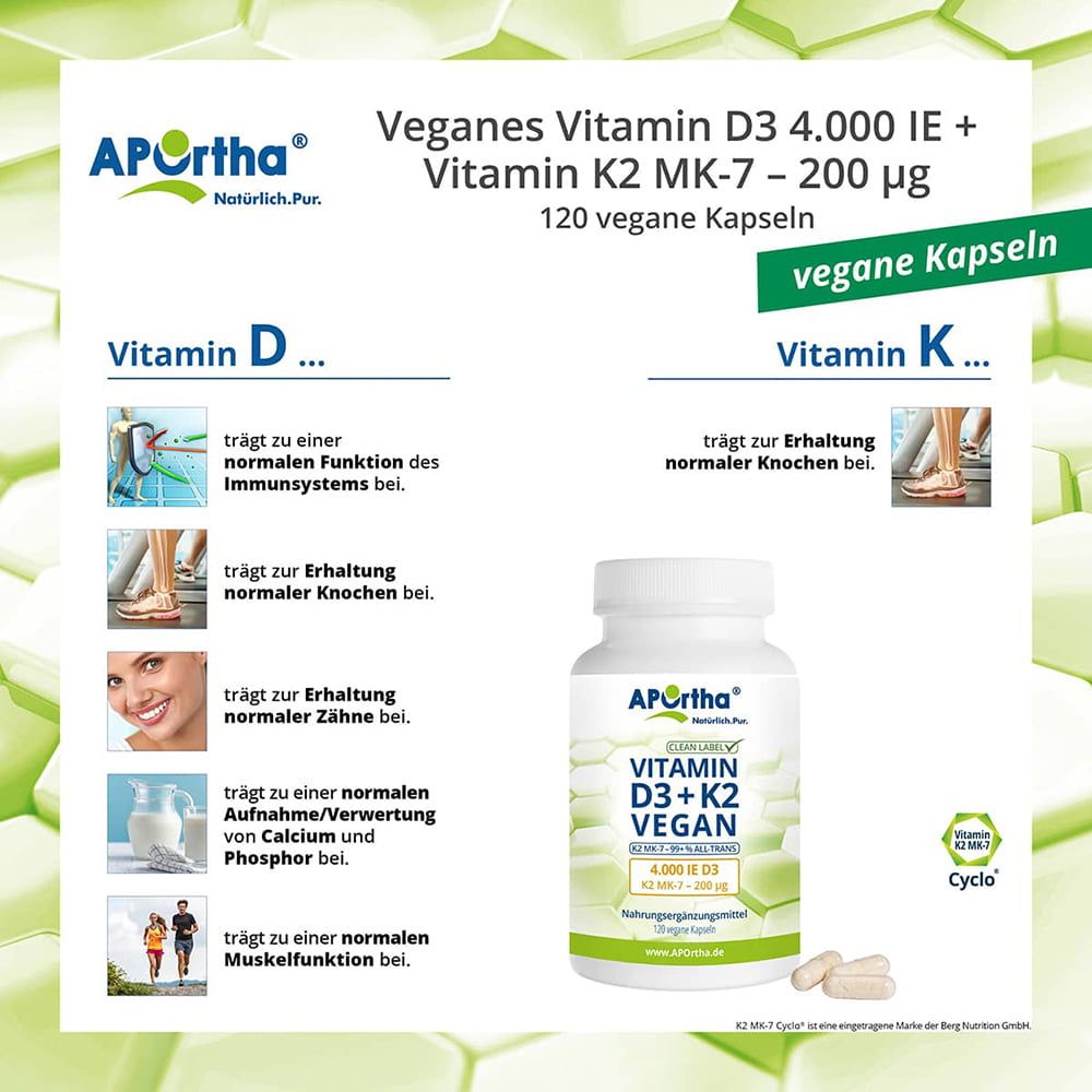 Infografik mit Informationen zu Vitamin D und K. Zeigt Vorteile für Gesundheit, Knochen, Zähne und Muskeln. Enthält eine Flasche Kapseln.