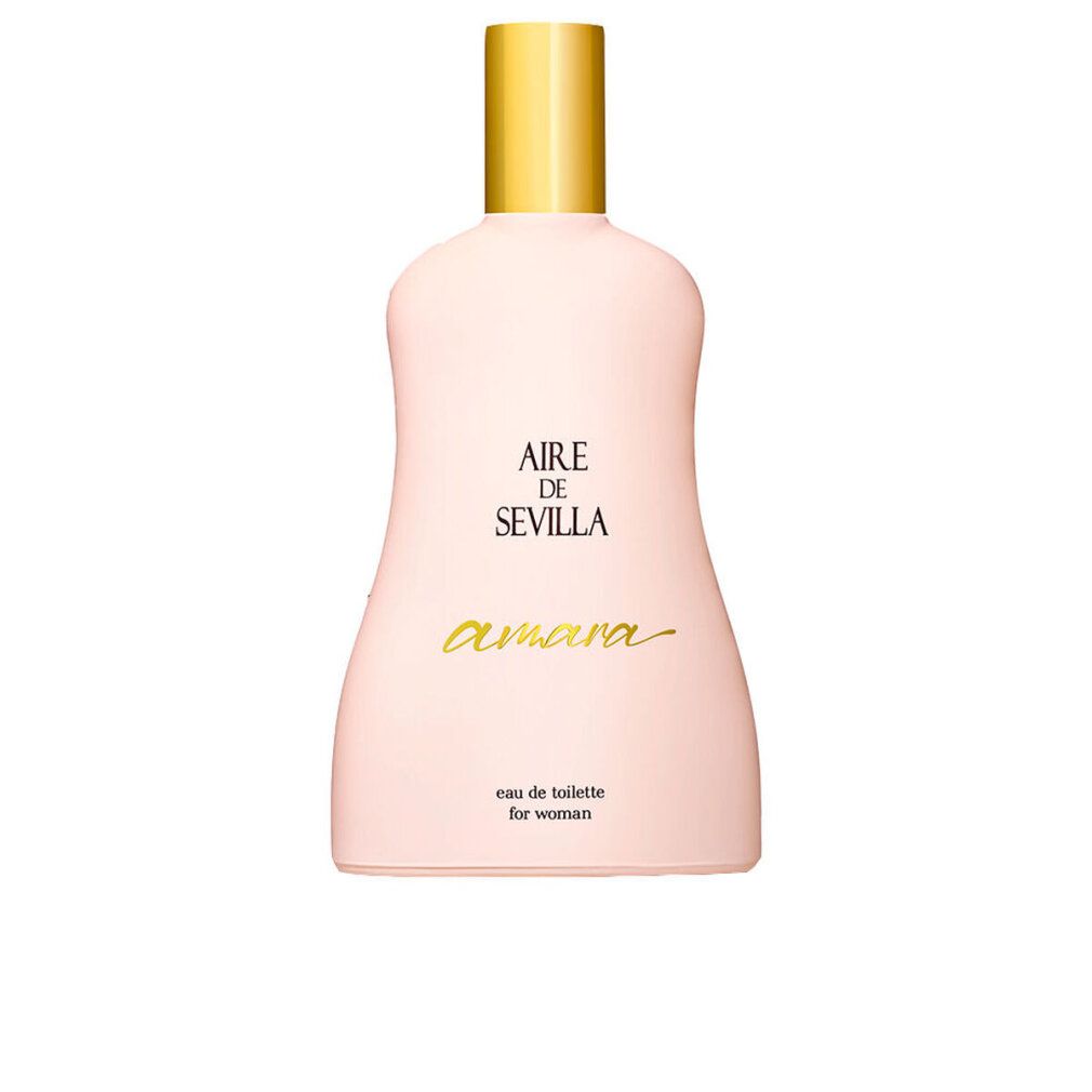 Rosa Flakon mit goldenem Deckel. Aufschrift: Aire de Sevilla Amara, Eau de Toilette.