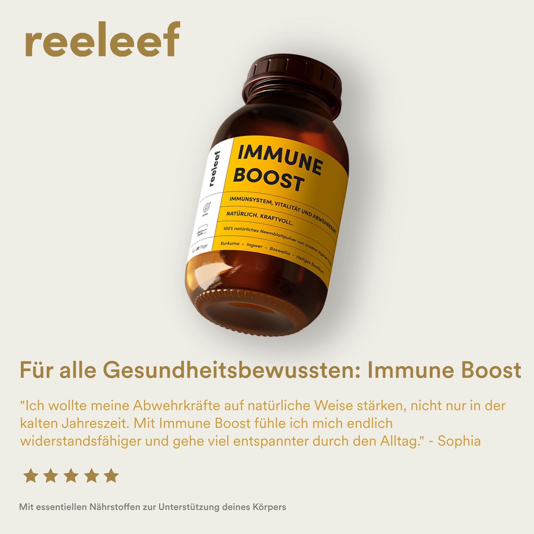 Braune Glasflasche mit gelbem Etikett. Aufschrift: IMMUNE BOOST. Zitat und Sternebewertung. Text: Für alle Gesundheitsbewussten: Immune Boost.