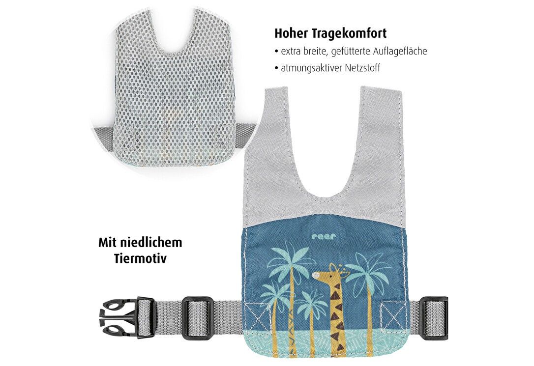 Kinder-Sicherheitsgurt mit Giraffenmotiv und Palmen. Graues Netzmaterial oben, blaues Stoffband unten. Verstellbarer Gurt mit Schnalle.