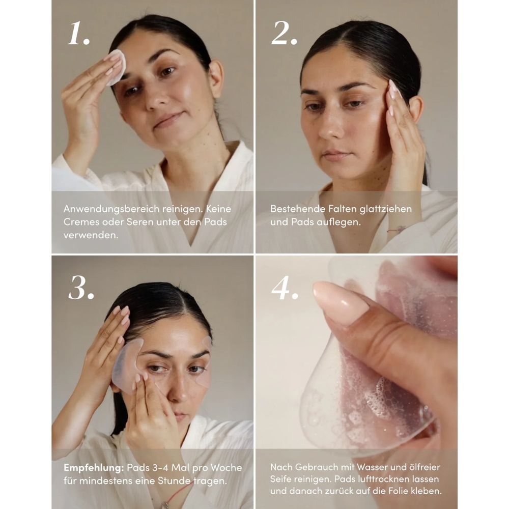 Anwendungsbeispiele der Augen-Schläfen Pads. Reinigung, Glätten, Auftragen und Reinigung nach Gebrauch.