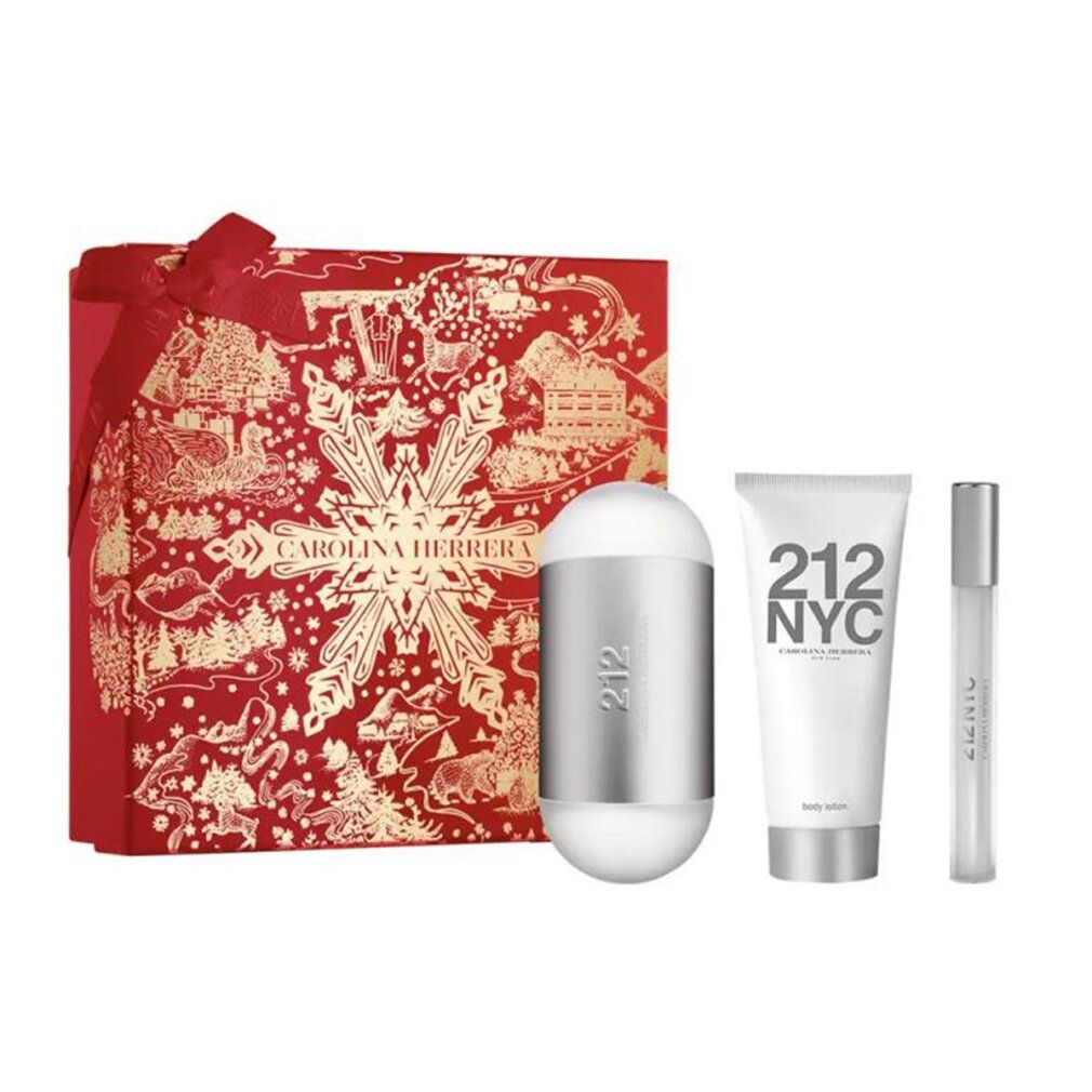 Carolina Herrera 212 Geschenkset mit roter, verzierter Box, silbernem Deodorant und Bodylotion.