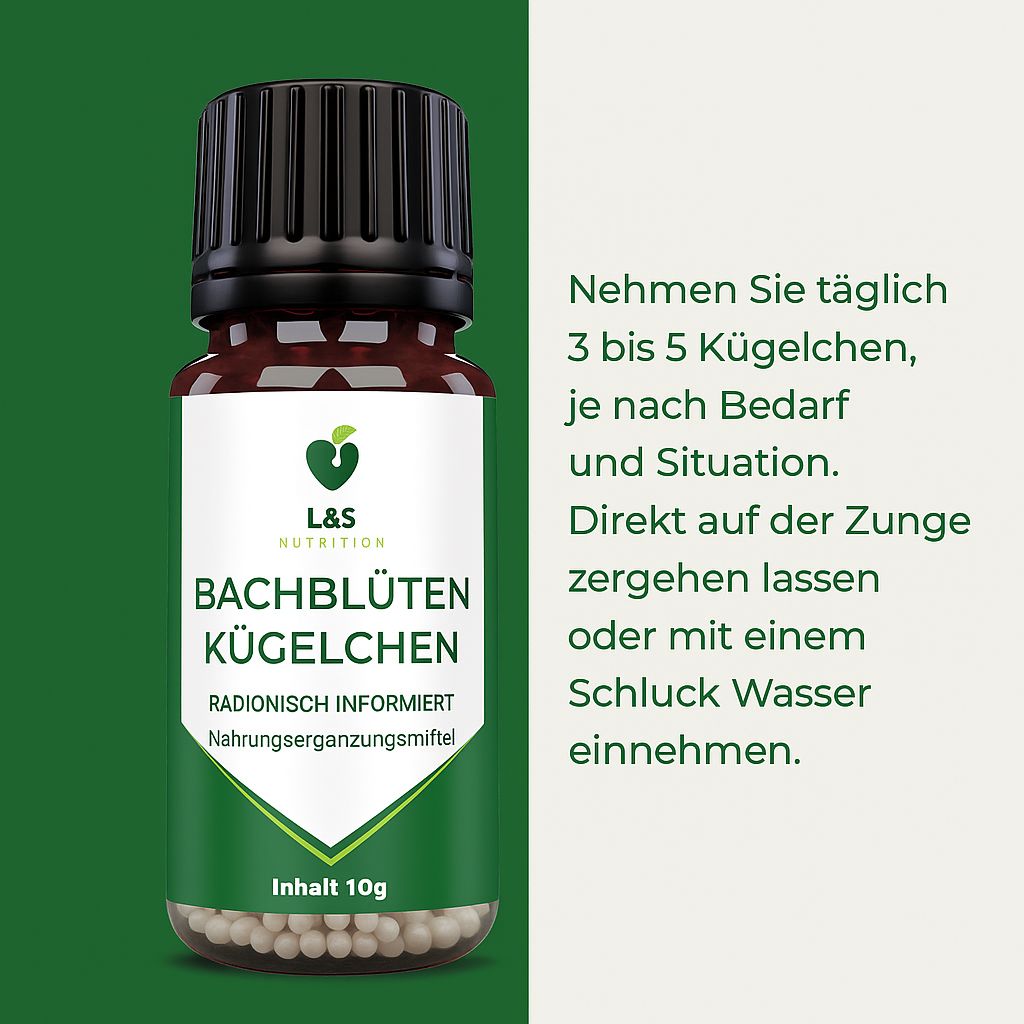 Braune Glasflasche mit schwarzem Deckel. Etikett "L&S Nutrition" und "Bachblüten Kügelchen". Text: Einnahmeempfehlung.