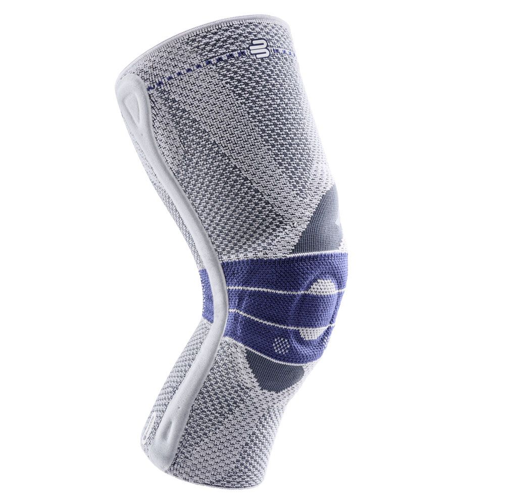 Kniebandage, grau-blau, von der Seite. Mit Klettverschluss und Verstärkungen. Detailansicht.