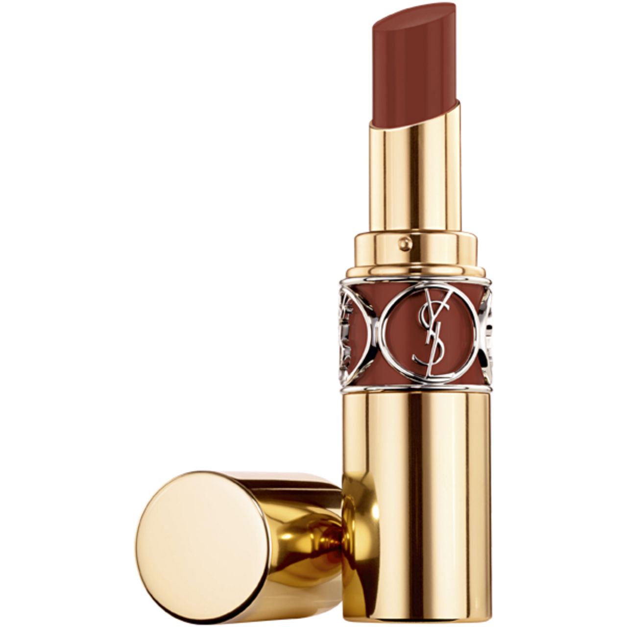 Goldfarbener Lippenstift mit brauner Spitze und separater Kappe. Silbernes Logo-Detail. Marke: Yves Saint Laurent.