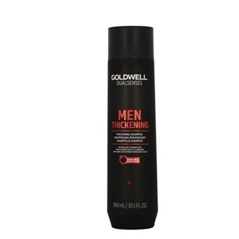 Schwarze Shampoo-Flasche mit weißer Schrift. Aufschrift: Goldwell Dualsenses Men Thickening. Volumen: 300 ml.