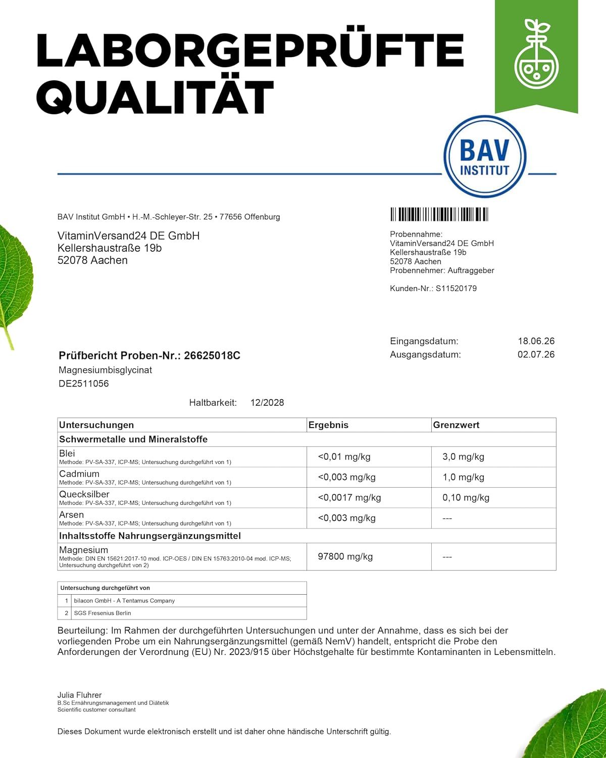 Laborbericht: Vit4ever Magnesium Bisglycinat, Schwermetall- und Mineralstoffanalyse.
