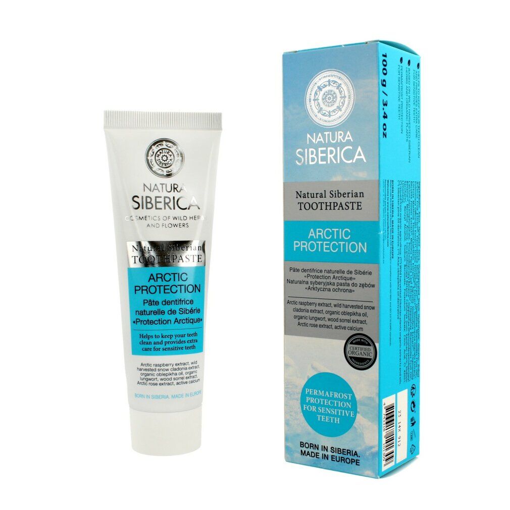 Zahnpasta-Tube und Schachtel. Text: Natura Siberica, Arctic Protection. Blaue und silberne Akzente. Für empfindliche Zähne.
