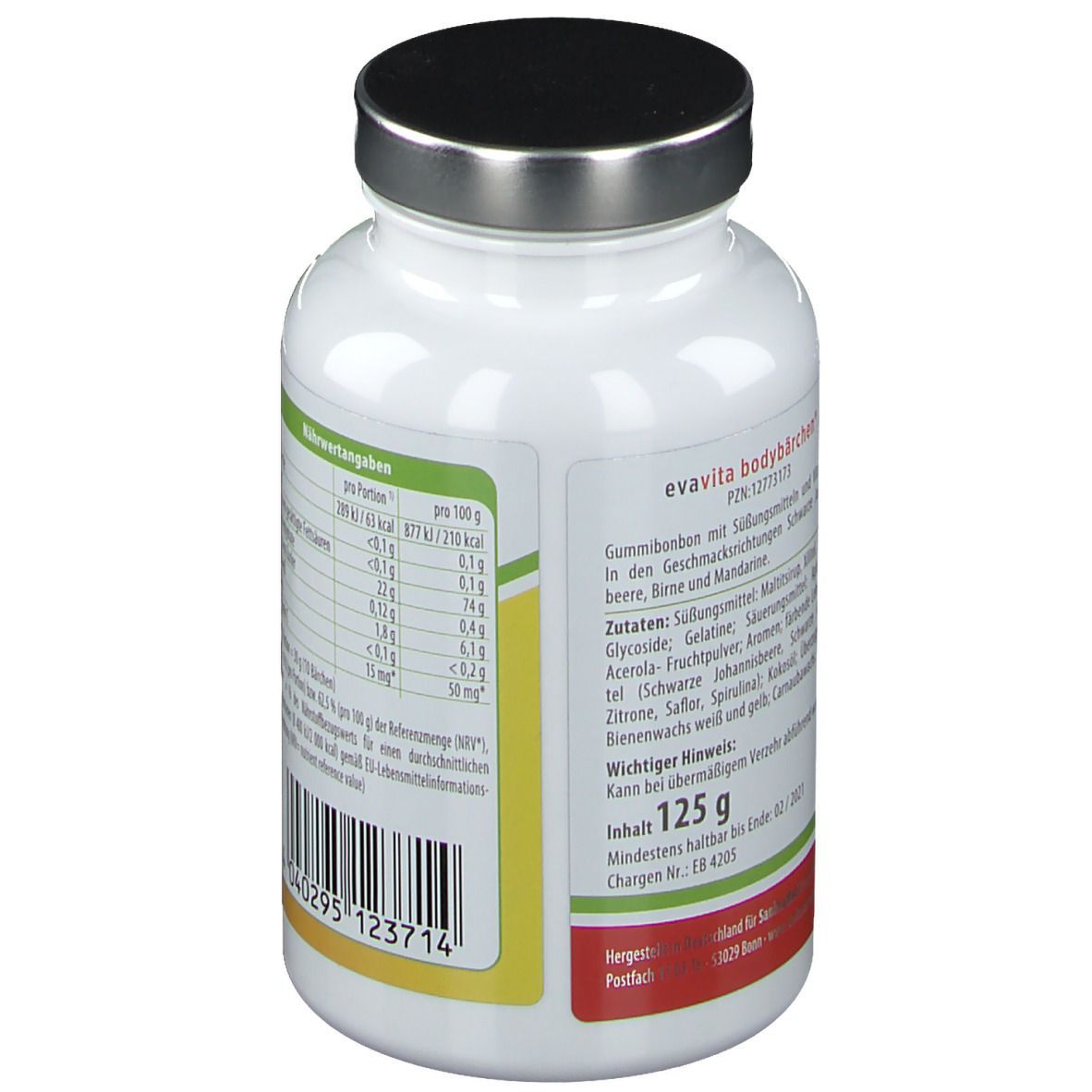 Weiße Flasche mit schwarzem Deckel. Rückseite mit Nährwertangaben und Inhaltsstoffen. Text in deutscher Sprache.