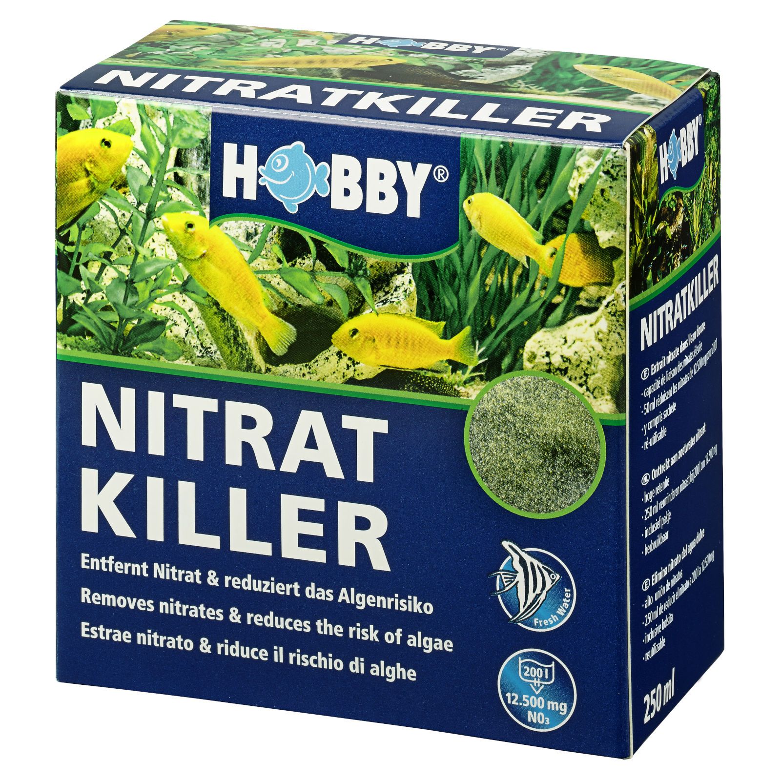 Verpackung von Hobby Nitrat-Killer. Blaue Box mit Produktnamen und Fisch-Illustration. Enthält Text in Deutsch, Englisch und Italienisch.