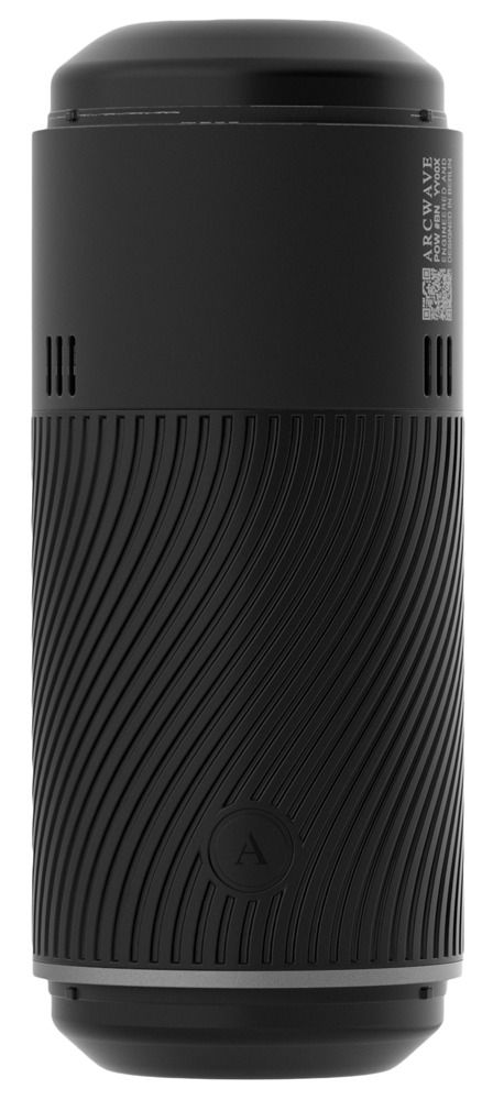 Schwarzes, zylindrisches Gerät mit gerippter Textur und Lüftungsschlitzen. Marke ARCWAVE sichtbar.