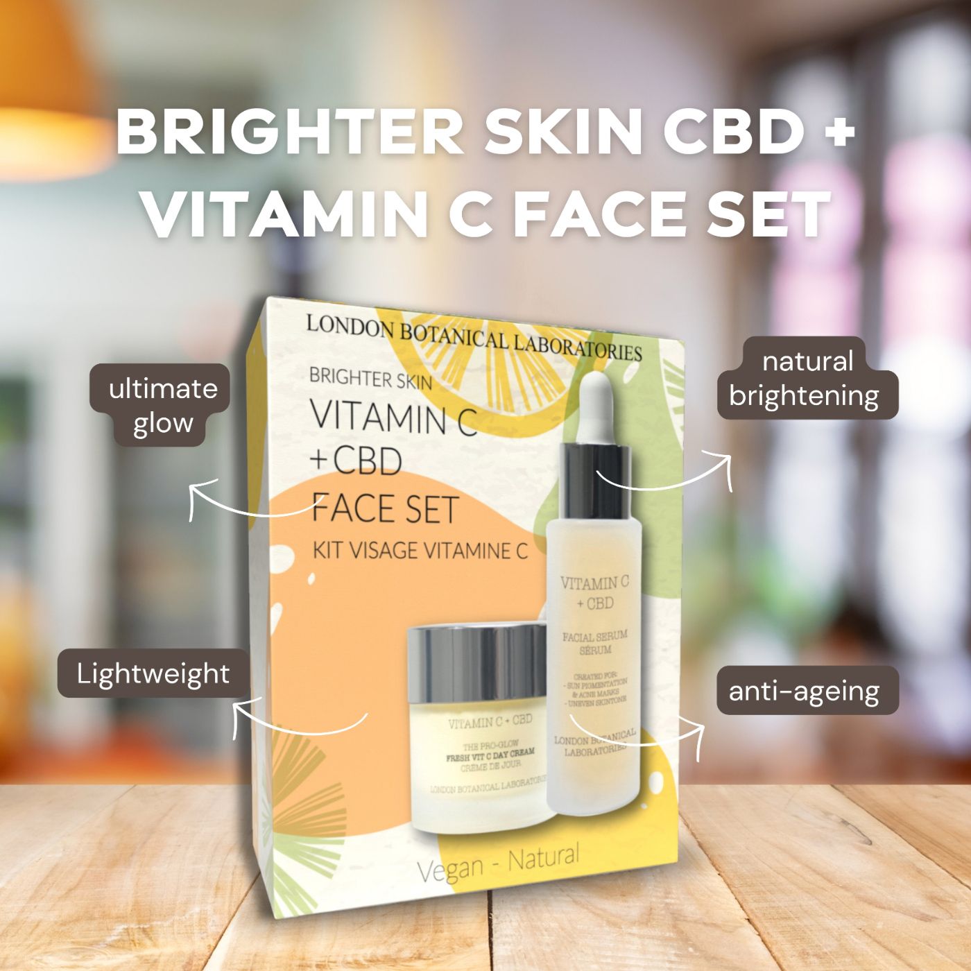 Geschenkset mit Serum und Creme. Enthält Vitamin C + CBD. Vegan und natürlich. Verpackung mit Logo und Produktnamen.