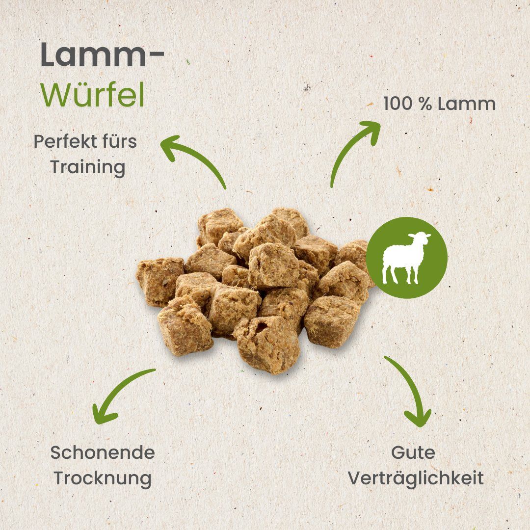 Lamm-Würfel: 100% Lamm, perfekt fürs Training, schonende Trocknung, gute Verträglichkeit.