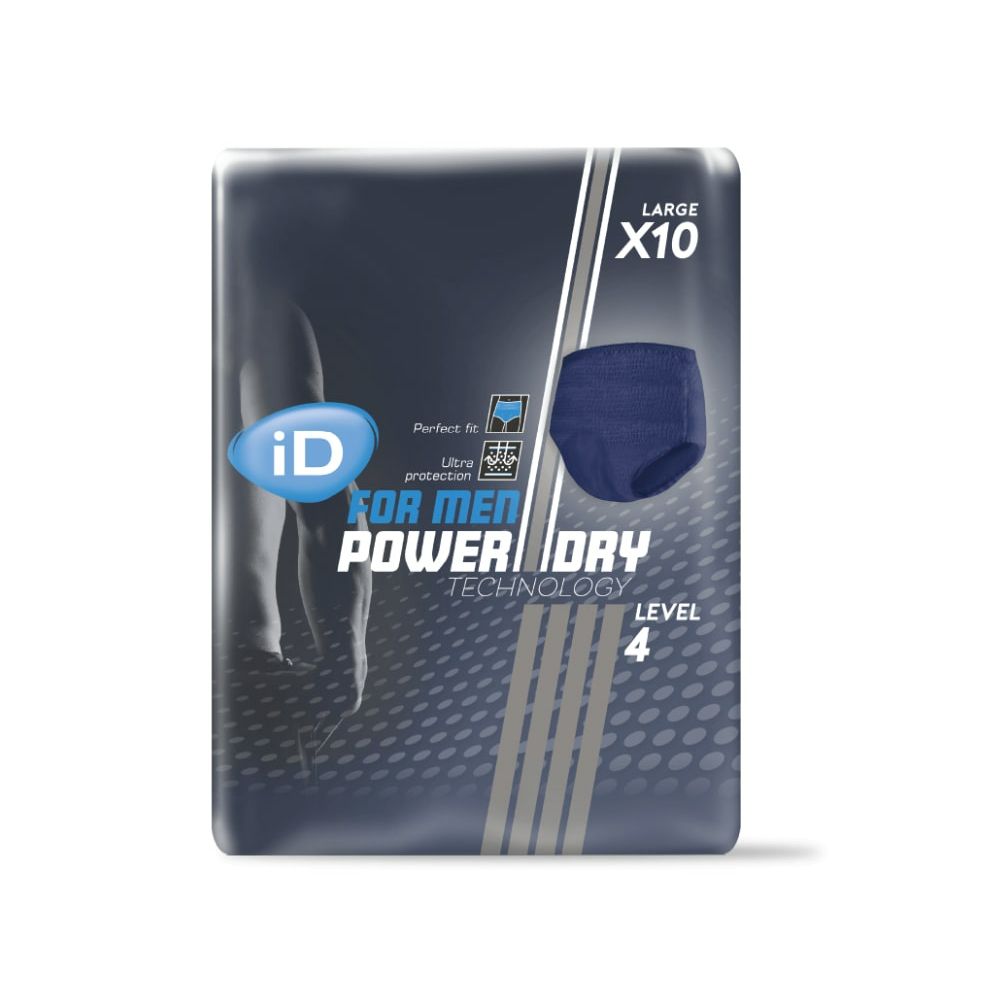 Verpackung iD for Men Pants Level 4. Blaue Pants-Abbildung. Text: Power Dry Technology, Level 4, Large X10.