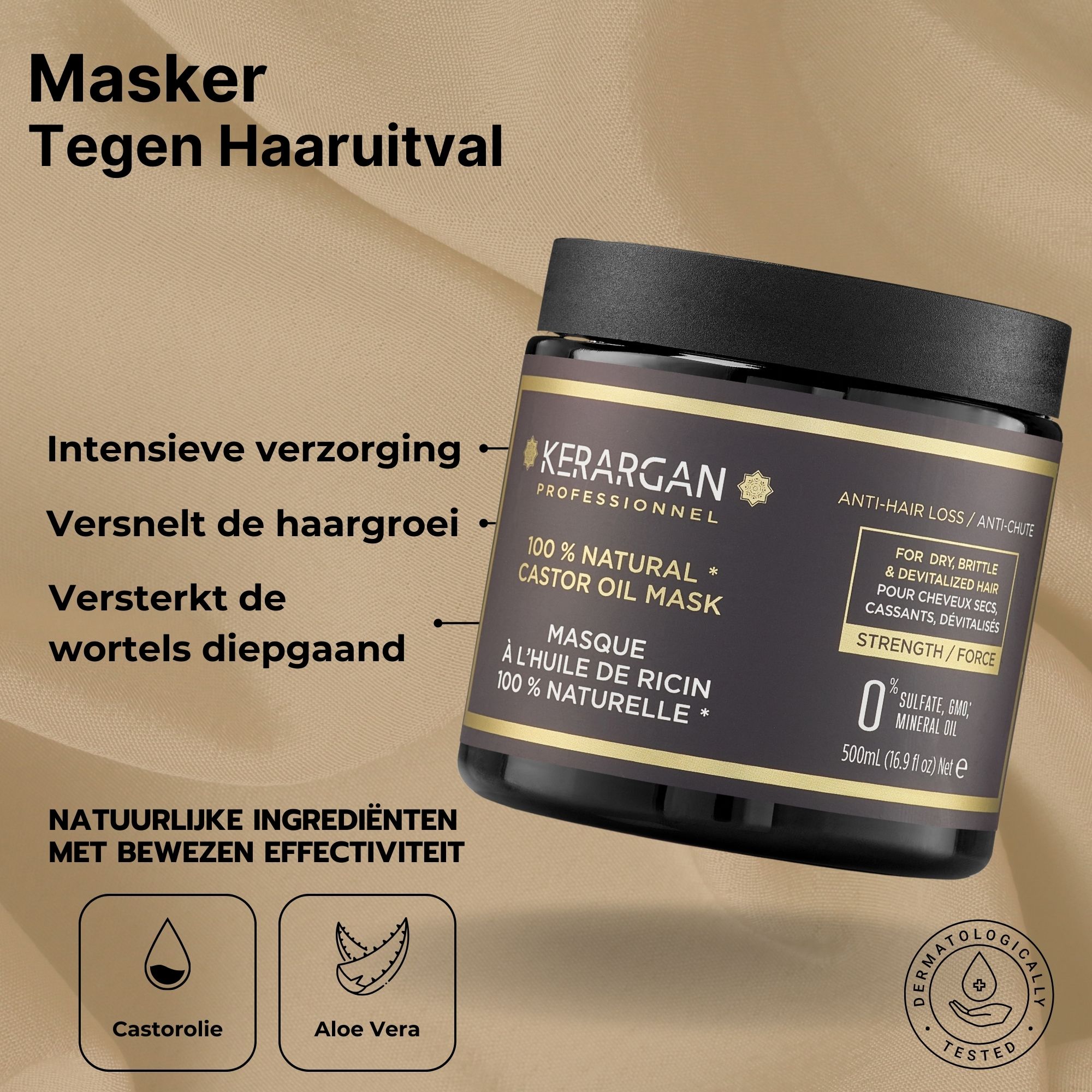 Kerargan Masker. Zwarte pot met etiket. Tekst: 100% Natural Castor Oil Mask. Anti-haaruitval. 500ml.