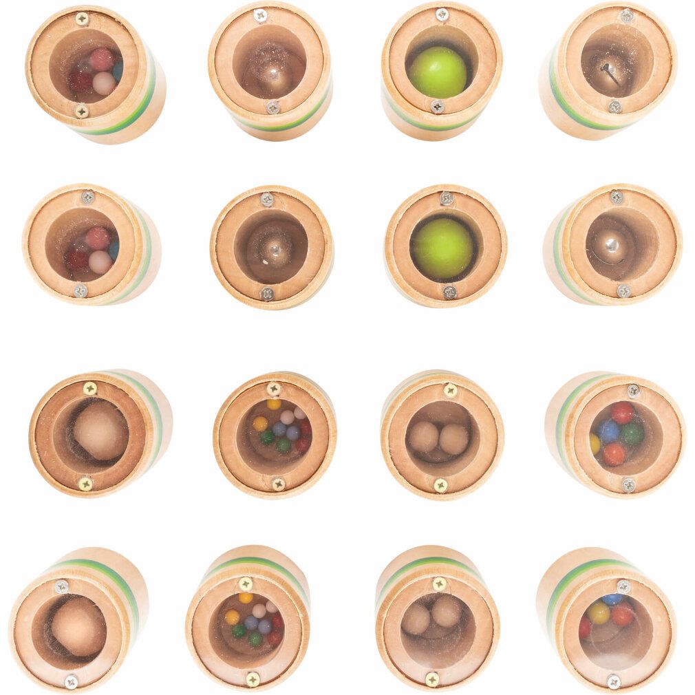 Holzzylinder mit farbigen Streifen und Kugeln. Ansicht von oben, zeigt die Kugeln in den Zylindern.