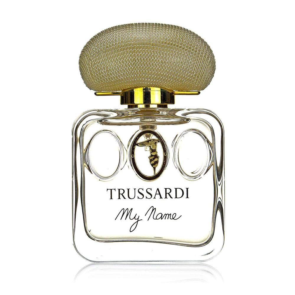 Trussardi My Name Eau de Parfum Flakon mit goldfarbenem Deckel und ovalen Verzierungen.