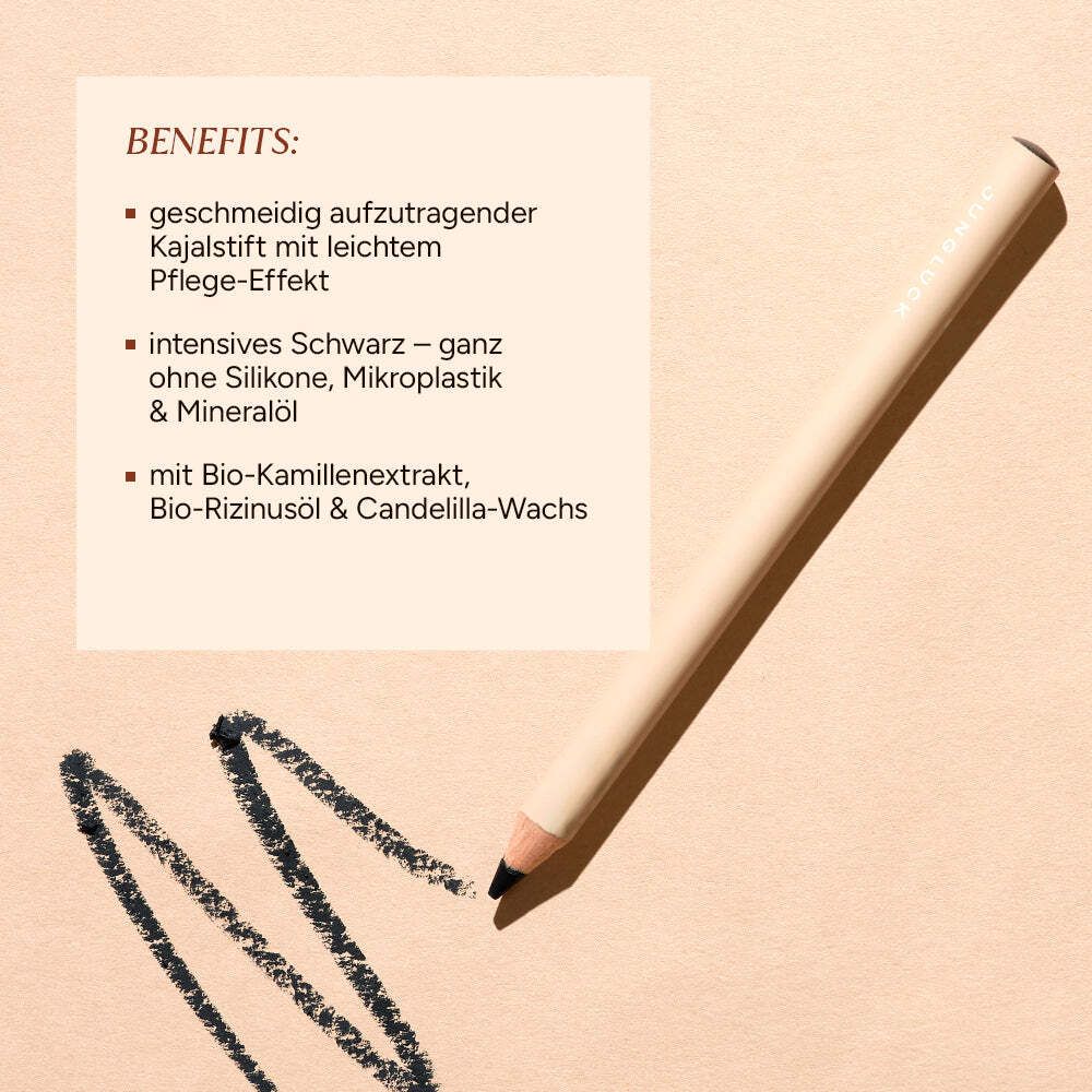 Kajalstift neben Text. Text: geschmeidig, intensives Schwarz, ohne Silikone, mit Bio-Kamillenextrakt.