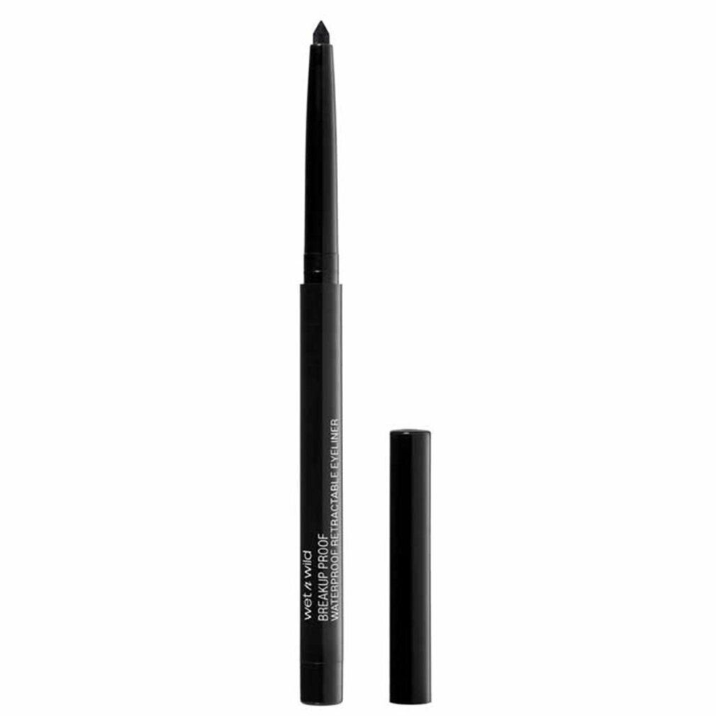 Schwarzer, ausziehbarer Eyeliner mit schwarzer Kappe. Auf dem Stift steht "Wet n Wild Breakup Proof Retractable Eyeliner".