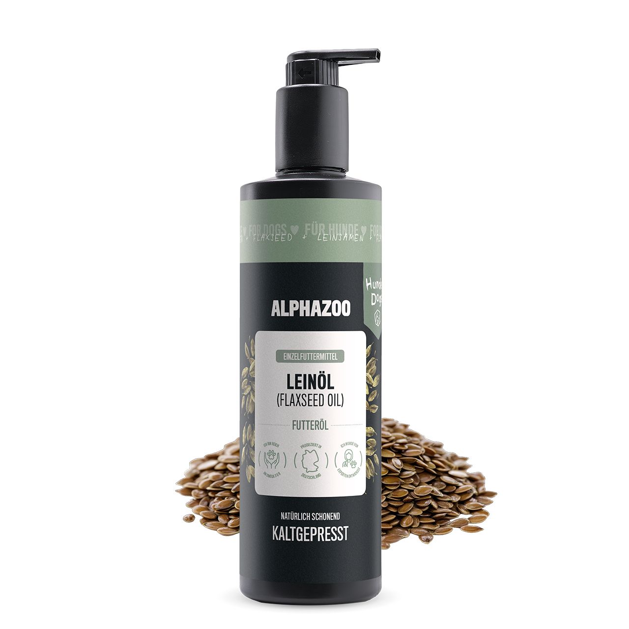 Schwarze Flasche mit Pumpe, ALPHAZOO Leinöl-Etikett, daneben Leinsamen. Kaltgepresst. Text: Leinöl (Flaxseed Oil) Futteröl.
