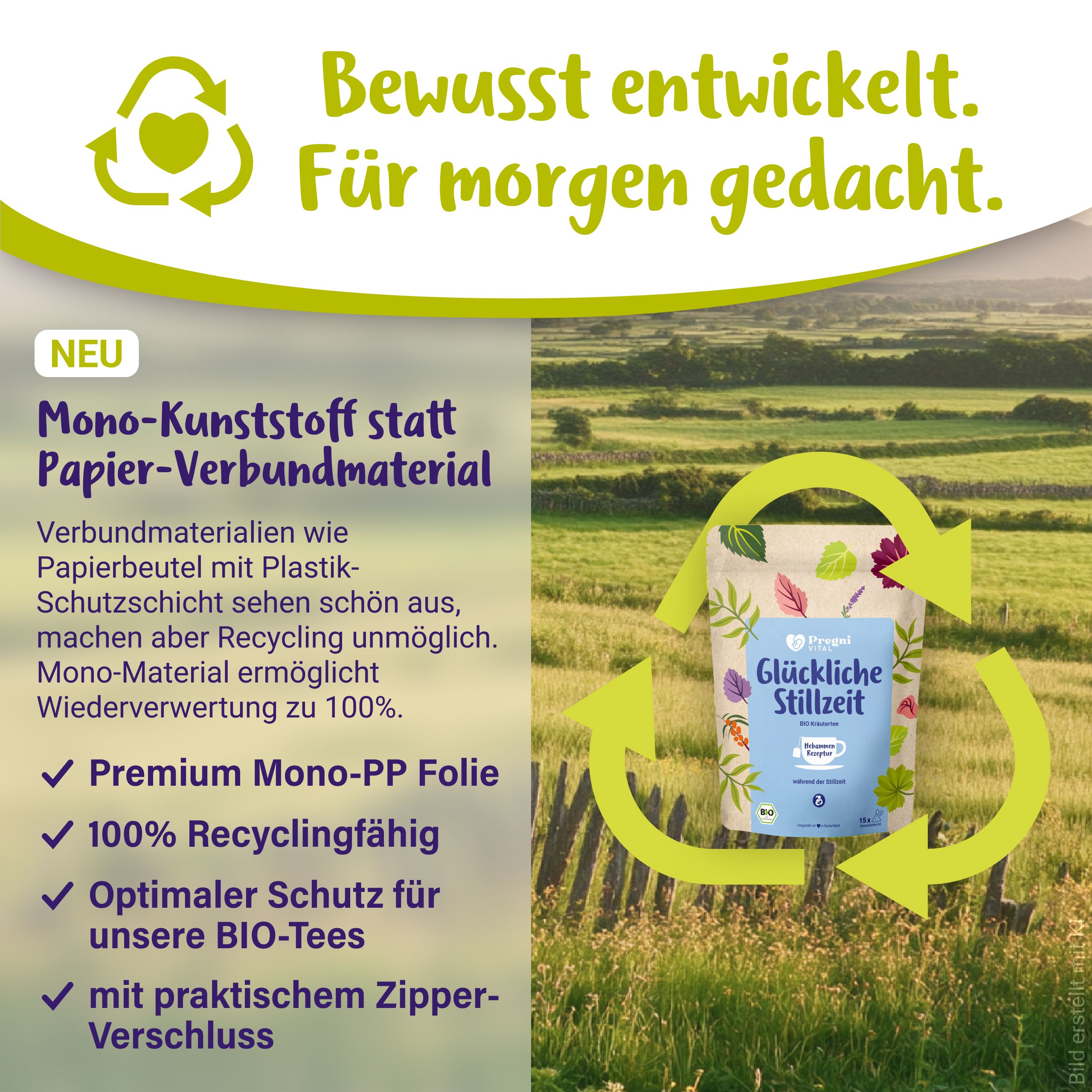 Verpackung aus 100% recycelbarer Mono-PP-Folie, wiederverschließbar, für BIO-Tees.