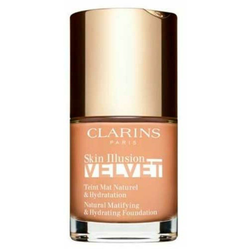 Clarins Skin Illusion Velvet Foundation. Flasche mit goldfarbenem Deckel. Text: Natural Mattifying & Hydrating Foundation.