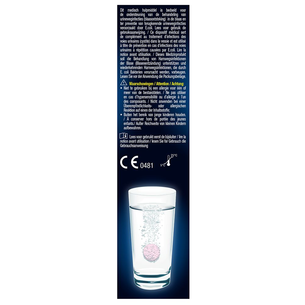 Rückseite der Verpackung von "Lucovitaal D-Mannose Blaasontsteking". Zeigt ein Glas Wasser mit einer sich auflösenden Tablette.
