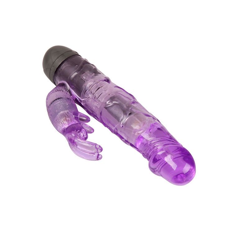 Lila Vibrator mit Hasenohren-Aufsatz. Grauer Kopf. Transparente Elemente. Auf weißem Hintergrund.