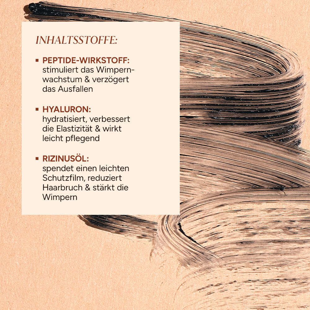 Text über Inhaltsstoffe. Text: PEPTIDE-WIRKSTOFF, HYALURON, RIZINUSÖL.