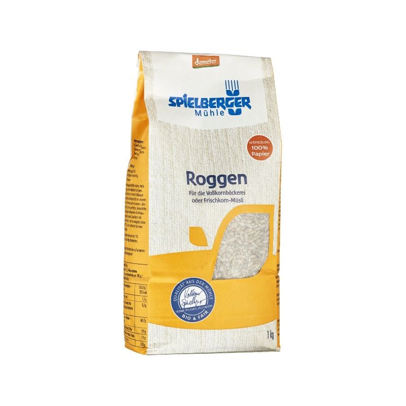 Verpackung mit Roggen. Aufschrift: Spielberger Mühle, Roggen, 100% Papier, Bio & Fair. Enthält 1 kg.